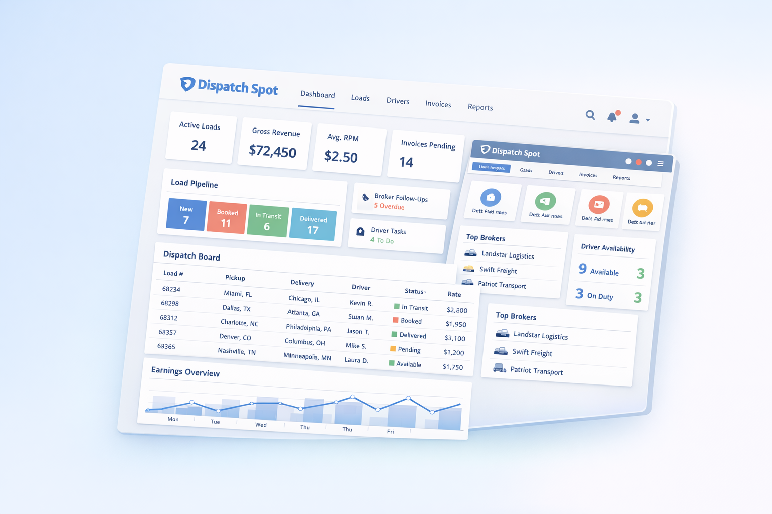 Preview mockup of the Dispatch Spot dashboard showing active loads, revenue, invoices, dispatch board activity, top brokers, and driver availability.